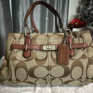 Coach Tan and Brown Signature Shoulder Bag